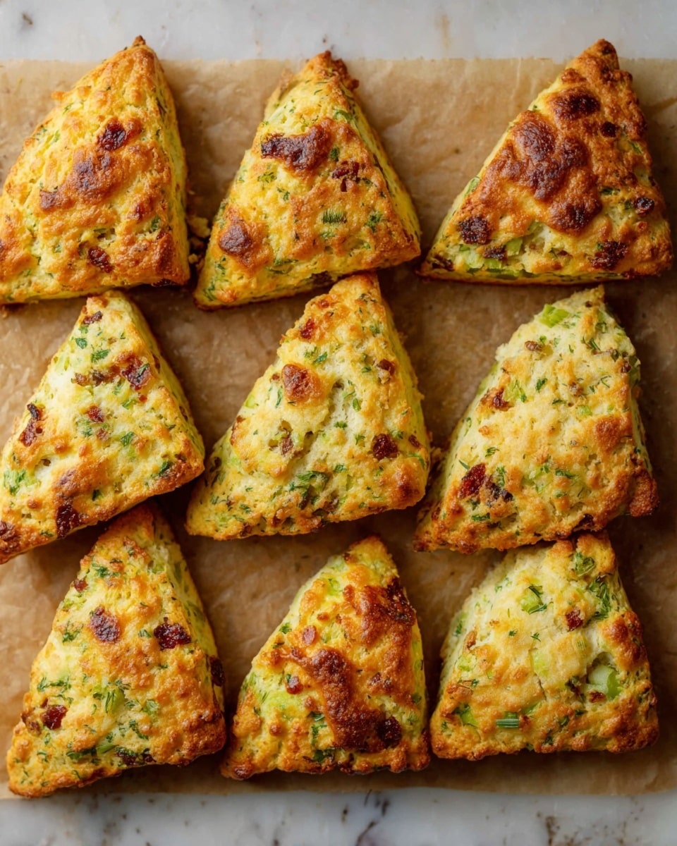 The image shows nine triangle-shaped scones arranged neatly on brown parchment paper over a white marbled surface. Each scone has a golden-brown top with darker brown spots indicating bits of meat or vegetables baked inside. The texture looks slightly crispy and fluffy with visible green herbs mixed into the dough. The scones are evenly spaced, showing their light yellow interior mixed with green and small dark reddish-brown pieces. Photo taken with an iphone --ar 4:5 --v 7