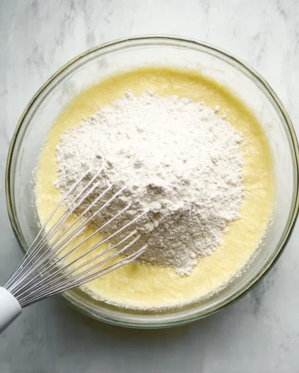 A clear glass bowl is shown from above on a white marbled surface. Inside the bowl, there is a thick, pale yellow batter covering the sides, and on top, a big pile of white flour sits before being mixed. A metallic whisk with a white handle is partly immersed in the batter at the bottom left of the bowl. The bowl's edges are smooth and round, with the flour and batter contrasting clearly. photo taken with an iphone --ar 4:5 --v 7
