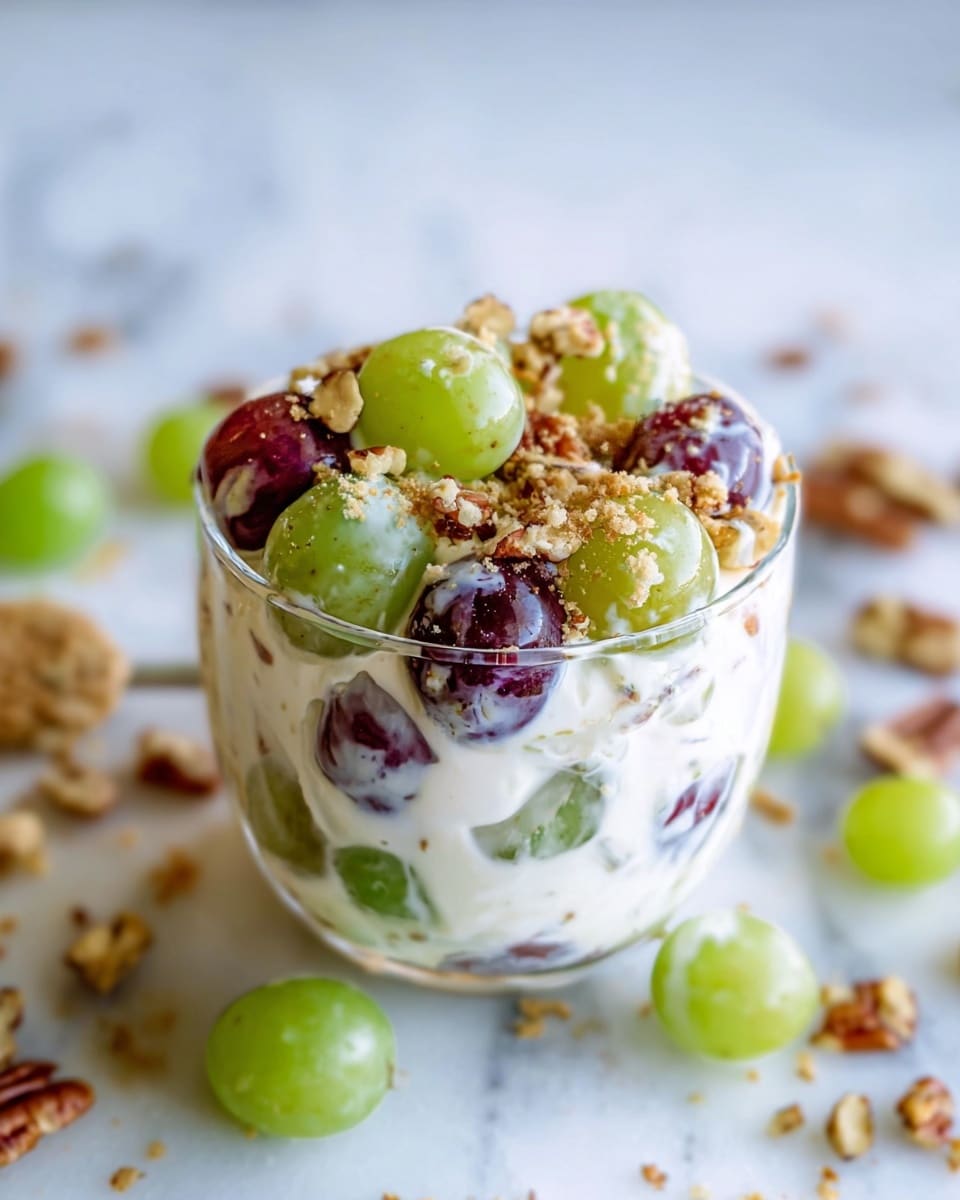 The image shows a clear glass cup filled with a creamy white mixture. Inside the cup are green and purple grapes, some covered in the creamy layer. Small pieces of light brown crumbs and pecan nuts are sprinkled on top and mixed throughout. The cup is placed on a white marbled surface with some scattered grapes and crumbs around it. Photo taken with an iphone --ar 4:5 --v 7