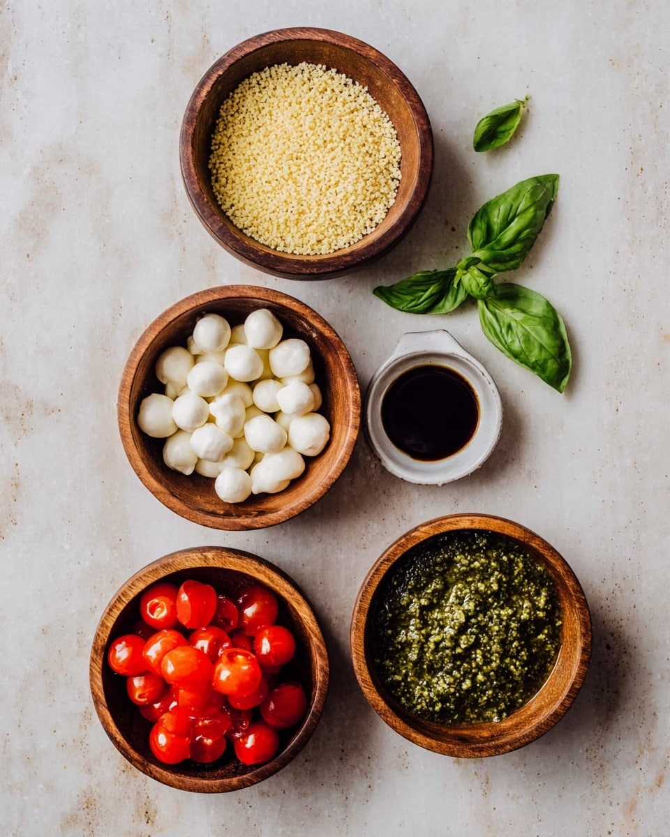 Five bowls are arranged on a white marbled surface: at the top is a wooden bowl filled with pale yellow couscous grains, to the left is a wooden bowl filled with small white mozzarella balls, below that is a wooden bowl filled with bright red halved cherry tomatoes, to the right is a wooden bowl with green pesto sauce showing a textured mix of oil and herbs, and in the center between the bowls is a small white dish with dark balsamic vinegar and two fresh green basil leaves next to it. photo taken with an iphone --ar 4:5 --v 7