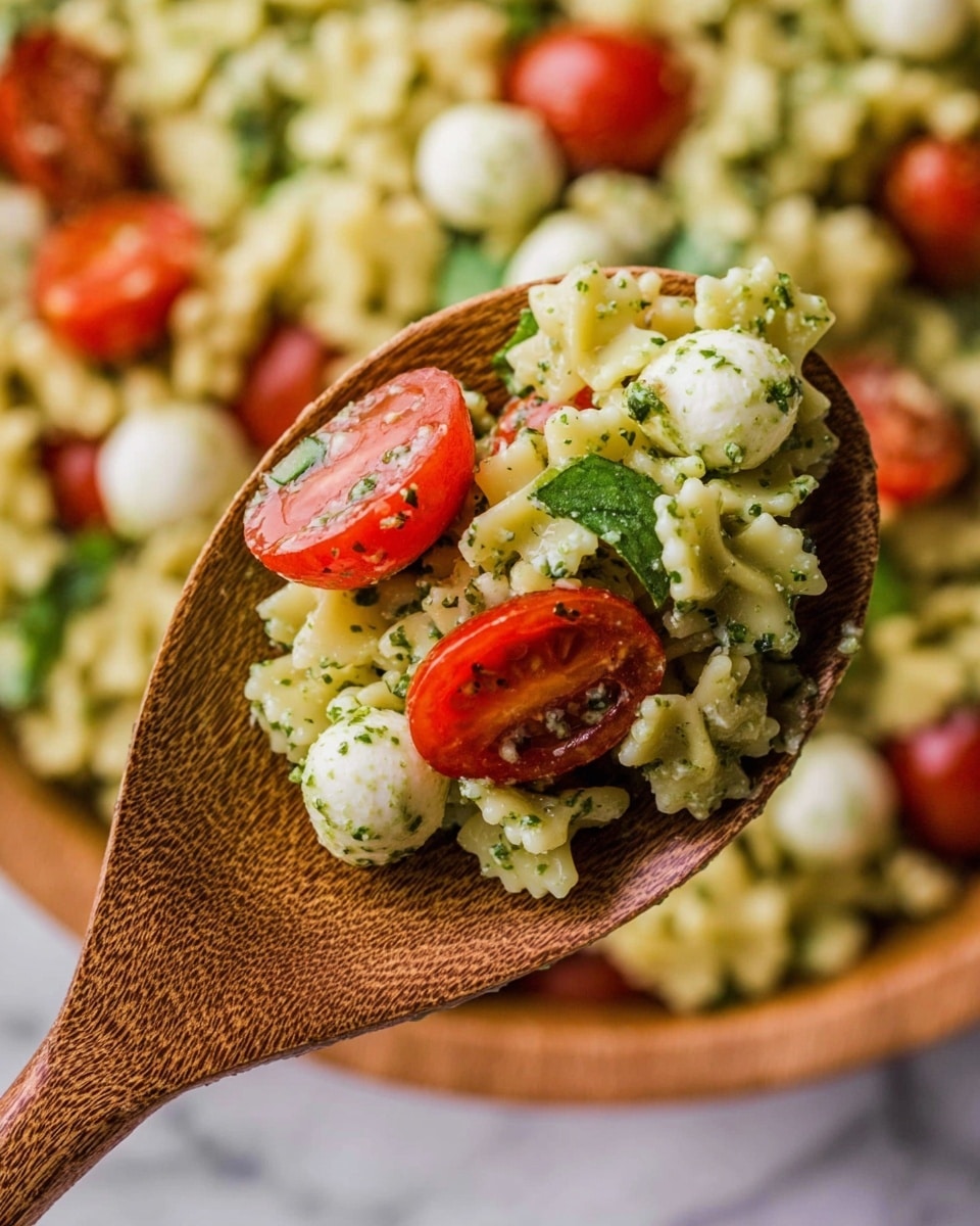 A close-up view of a wooden spoon holding a colorful pasta salad. The salad has three main layers: the bottom is small star-shaped pasta in a creamy green herb sauce, the middle contains bright red cherry tomatoes, some halved and some whole, and the top layer has small white cheese balls mixed with the pasta and herbs. In the background, more of the pasta salad can be seen on a white surface with a white marbled texture. The colors include creamy green, red, and white, creating a fresh and vibrant look. Photo taken with an iphone --ar 4:5 --v 7