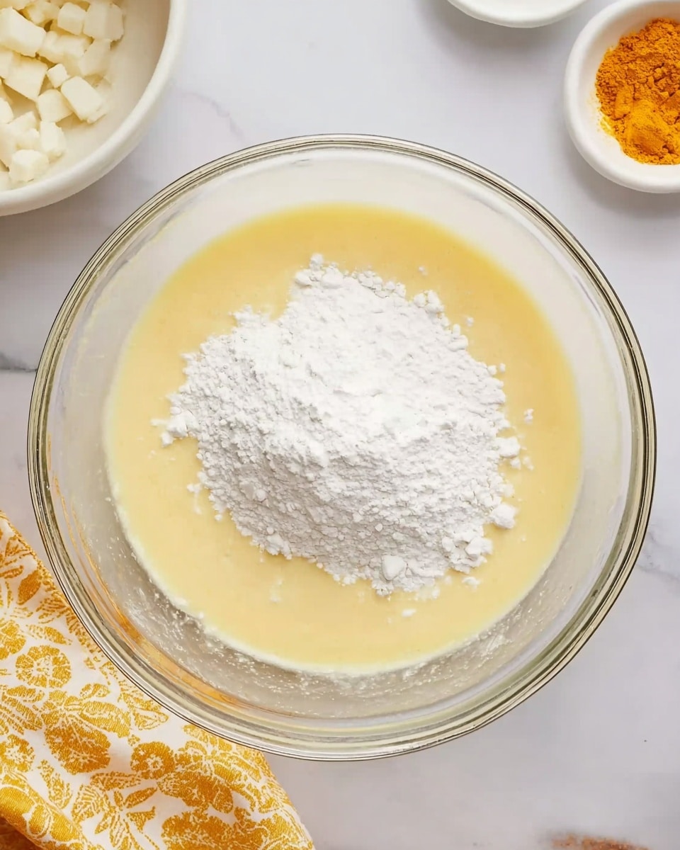 A clear glass bowl sits on a white marbled surface with a batter mixture inside. The bottom layer is a smooth, light yellow liquid, and on top is a pile of white powder. Around the bowl, parts of other items are slightly visible, like a white bowl with small white chunks on the upper left and a small white bowl with orange powder on the upper right. A yellow and white patterned cloth is partly visible in the lower left corner. Photo taken with an iphone --ar 4:5 --v 7