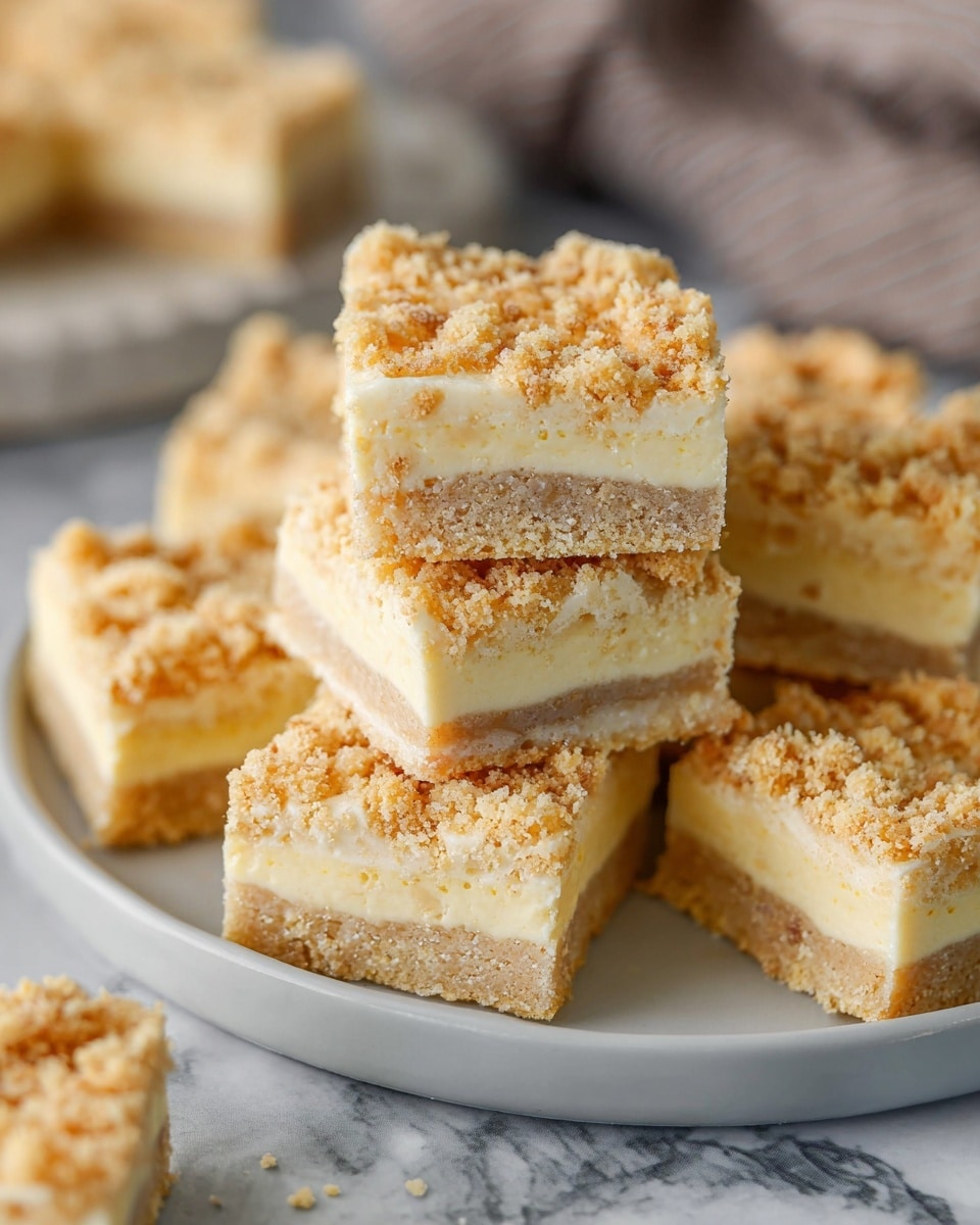 A close-up of several square dessert bars stacked on a white plate, each bar displaying three layers: a crumbly light golden brown top layer, a creamy pale yellow middle layer, and a denser light beige bottom layer. The top crumb layer looks finely crushed with a slightly rough texture. The plate holds more bars piled together and some bars are placed around it on a white marbled surface. The background is softly blurred with a cloth visible in neutral tones. Photo taken with an iphone --ar 4:5 --v 7
