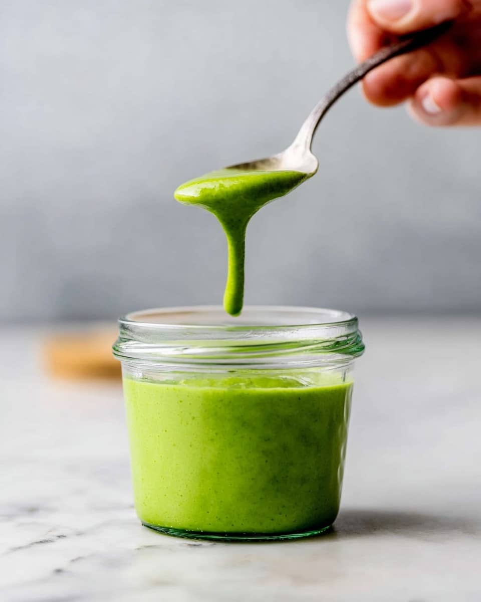 A clear glass jar filled with a smooth, bright green sauce with a thick but flowing texture. A woman's hand is holding a silver spoon above the jar, letting some of the green sauce drip slowly back into it. The jar sits on a white marbled surface with a blurred background, making the vibrant green sauce the main focus. photo taken with an iphone --ar 4:5 --v 7