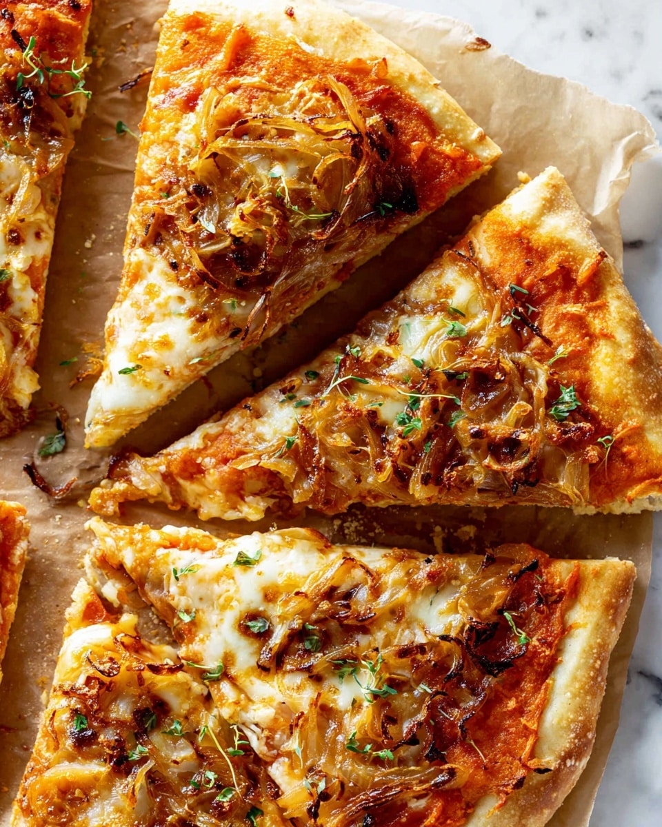 This image shows four slices of pizza on brown paper, placed on a white marbled surface. Each pizza slice has three main layers: a thick golden-brown crust base, a bright orange tomato sauce spread evenly on top, and melted cheese with a mix of creamy white and light brown spots. Scattered on the top layer are caramelized onion slices, slightly crispy and browned in places, sprinkled with small green herb bits. The lighting highlights the textures of the crispy onions and melted cheese, making the pizza look fresh and appetizing. Photo taken with an iphone --ar 4:5 --v 7
