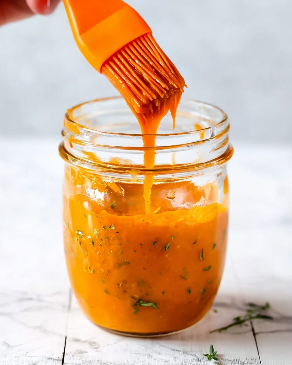 A clear glass jar is filled with a bright orange sauce that has small bits of green herbs and spices floating inside. A silicone brush, also bright orange, is held above the jar by a woman's hand, with sauce dripping from the brush's soft bristles back into the jar. The jar and woman's hand are placed on a white marbled surface, adding lightness to the scene. The sauce appears thick but smooth with slight texture from the herbs. Photo taken with an iphone --ar 4:5 --v 7