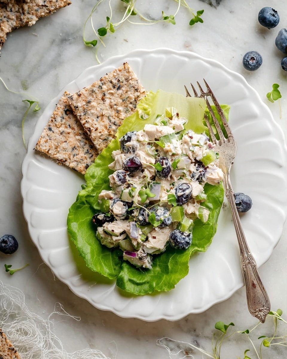 A white scalloped plate holds a fresh green lettuce leaf as the base layer, topped with a creamy salad mixture containing small white chicken pieces, dark blue blueberries, and finely chopped celery and red onion, all mixed in a light dressing. Two rectangular oat and grain crackers with a rough, textured surface rest on the lettuce beside the salad. Small green microgreens are sprinkled on top of the salad, adding freshness. A vintage silver fork leans on the right edge of the plate. The plate is placed on a white marbled surface scattered with a few blueberries, microgreens, and a shredded white cloth. Photo taken with an iphone --ar 4:5 --v 7