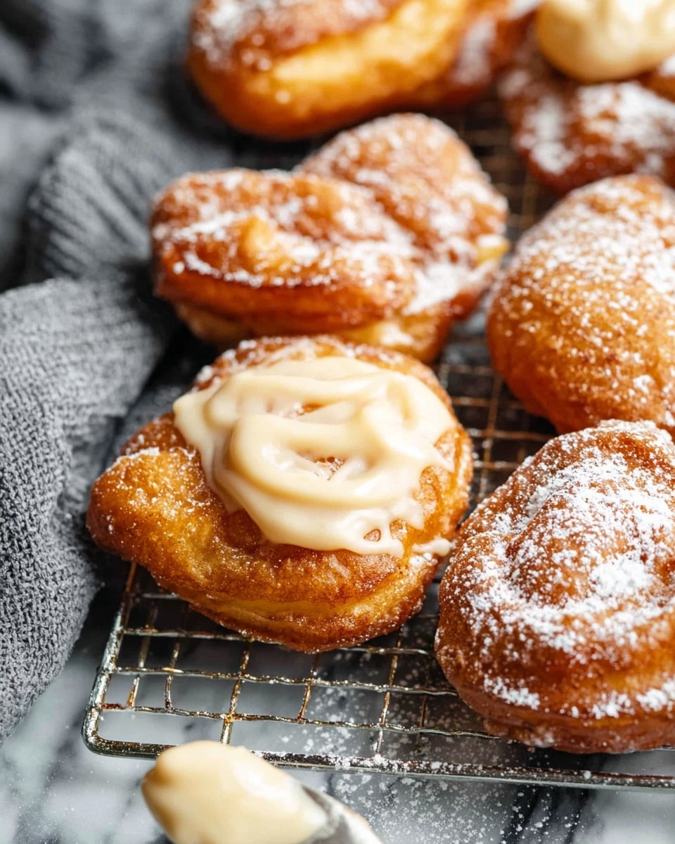 The image shows several pieces of golden brown fried dough arranged close together on a metal cooling rack. One piece in the center has a cream-colored icing spread unevenly on its top, creating a smooth swirled texture that contrasts with the crispy, bubbly surface of the dough underneath. The other pieces have a light dusting of powdered sugar, giving them a slightly rough texture with a white powdery finish. The cooling rack sits on a white marbled surface, and a small metal spatula with a dollop of the same icing is partially visible near the bottom left. The background includes a blurred, soft gray cloth adding a cozy feel. Photo taken with an iphone --ar 4:5 --v 7