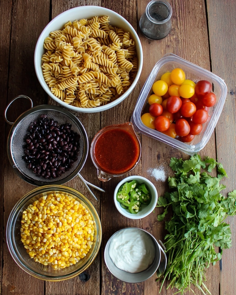 The image shows a top view of several food ingredients arranged on a wooden surface. There is a white bowl filled with spiral pasta at the top center, a metal colander with dark black beans to the left of the bowl, and a clear plastic container holding red and yellow cherry tomatoes to the right. Below the pasta bowl is a small glass measuring cup with red sauce inside. In the lower part of the image, there is a clear glass bowl filled with yellow corn kernels, a small white ramekin holding chopped green peppers, a metal measuring cup filled with white sour cream, and a small metal cup with a clear liquid, likely lime juice. A bunch of fresh green cilantro leaves lies on the right side of the setup. The whole arrangement is placed on a wooden surface. photo taken with an iphone --ar 4:5 --v 7