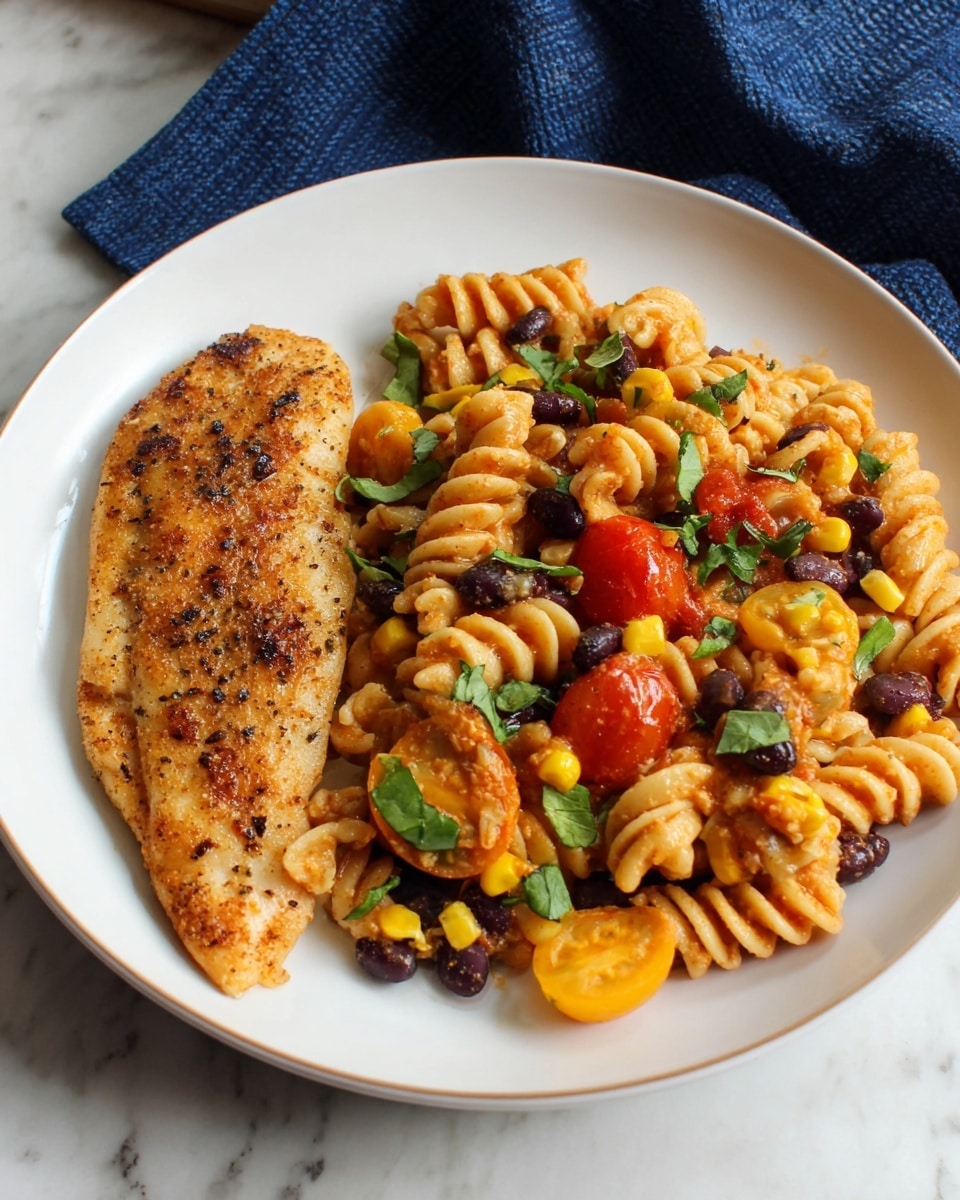 A white plate holds a meal with two main parts visually divided; on the left, a single cooked fillet with a golden-brown color and a slightly crispy texture, with some dark specks indicating seasoning; on the right, there is a pile of corkscrew pasta coated in a light reddish-orange sauce, mixed with black beans, yellow corn kernels, small slices of red and yellow cherry tomatoes, and sprinkled with fresh green herbs. The whole plate is placed on a white marbled surface with a dark blue cloth partially visible in the background, photo taken with an iphone --ar 4:5 --v 7