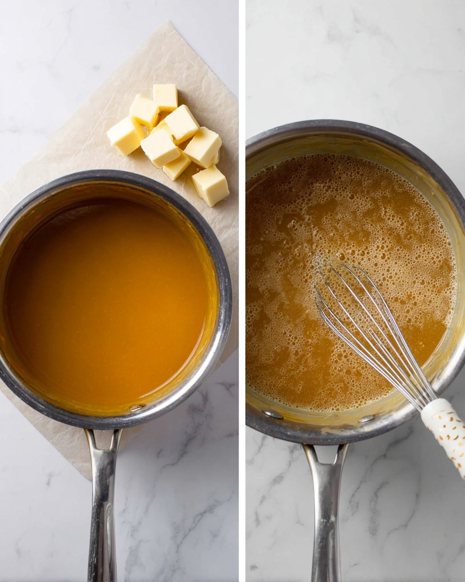 The image shows two top view shots side by side on a white marbled surface. On the left, there is a silver saucepan filled with a smooth, golden-brown liquid. Next to the saucepan, on a piece of parchment paper, are small cubes of pale yellow butter. On the right, the same saucepan contains a light brown bubbly mixture being whisked by a whisk with a white handle with subtle patterns. The sheen on the liquid and bubbles shows movement and heat. Photo taken with an iphone --ar 4:5 --v 7