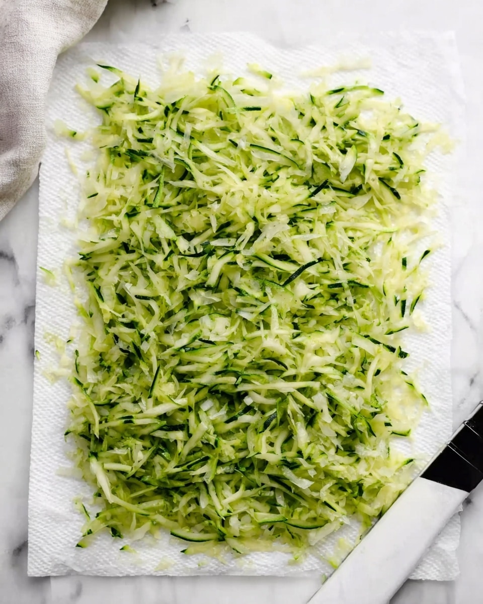 The image shows a thin, spread-out layer of shredded green zucchini mixed with a lighter ingredient, possibly egg or cheese, laid flat on white paper towels on a white marbled surface. The texture looks moist but not watery, with the green strands of zucchini clearly visible and evenly distributed. The edges are uneven, and part of a white knife handle with a black grip is visible on the right side. A soft, light-colored cloth is slightly visible at the upper left corner. photo taken with an iphone --ar 4:5 --v 7