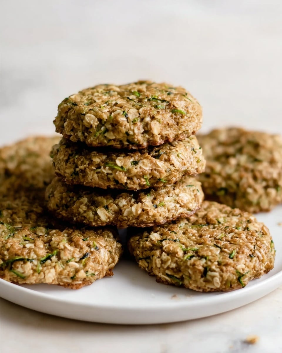 The image shows a stack of six round oatmeal cookies with visible green flecks, likely from zucchini, all placed on a white plate. The cookies have a rough, textured surface with a mix of light brown and green colors, showing the oats and shredded vegetables. The plate is set on a white marbled surface with subtle veins, adding a clean and bright background. The cookies appear soft and dense, slightly overlapping each other with another cookie blurred in the background, creating depth. photo taken with an iphone --ar 4:5 --v 7