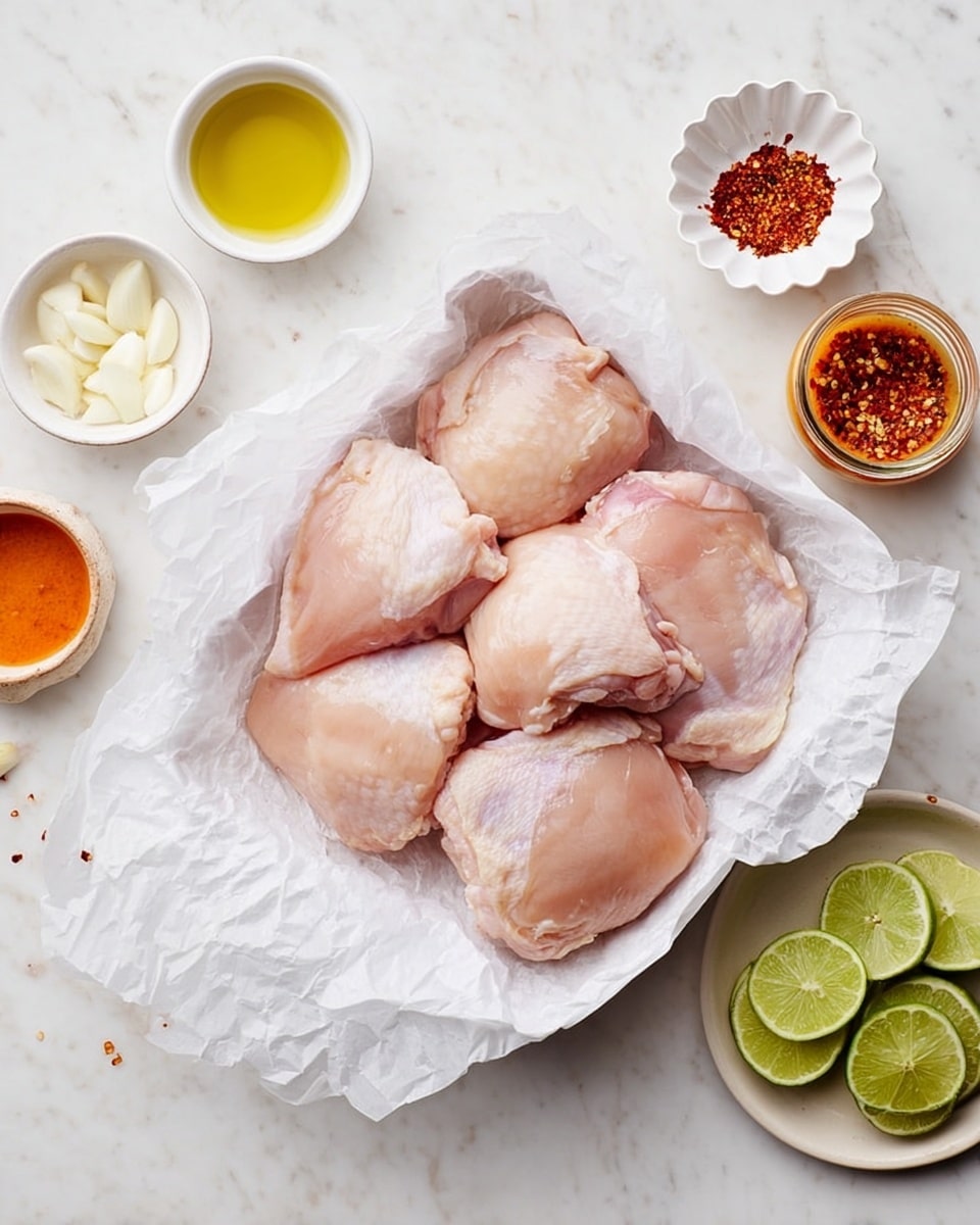 A white tray lined with crinkled white parchment paper holds several raw light pink pieces of chicken thighs stacked closely together, showing smooth and slightly shiny textures. Surrounding the tray, on a white marbled surface, are small white bowls with ingredients: one contains golden olive oil, another has tiny white chopped garlic, a small jar filled with orange-red sauce, a scalloped white dish with red and brown spices and crushed red chili flakes, and a small round white plate stacked with green lime wedges layered neatly. The whole setup is bright and clean with soft natural light, emphasizing the fresh and simple ingredients photo taken with an iphone --ar 4:5 --v 7