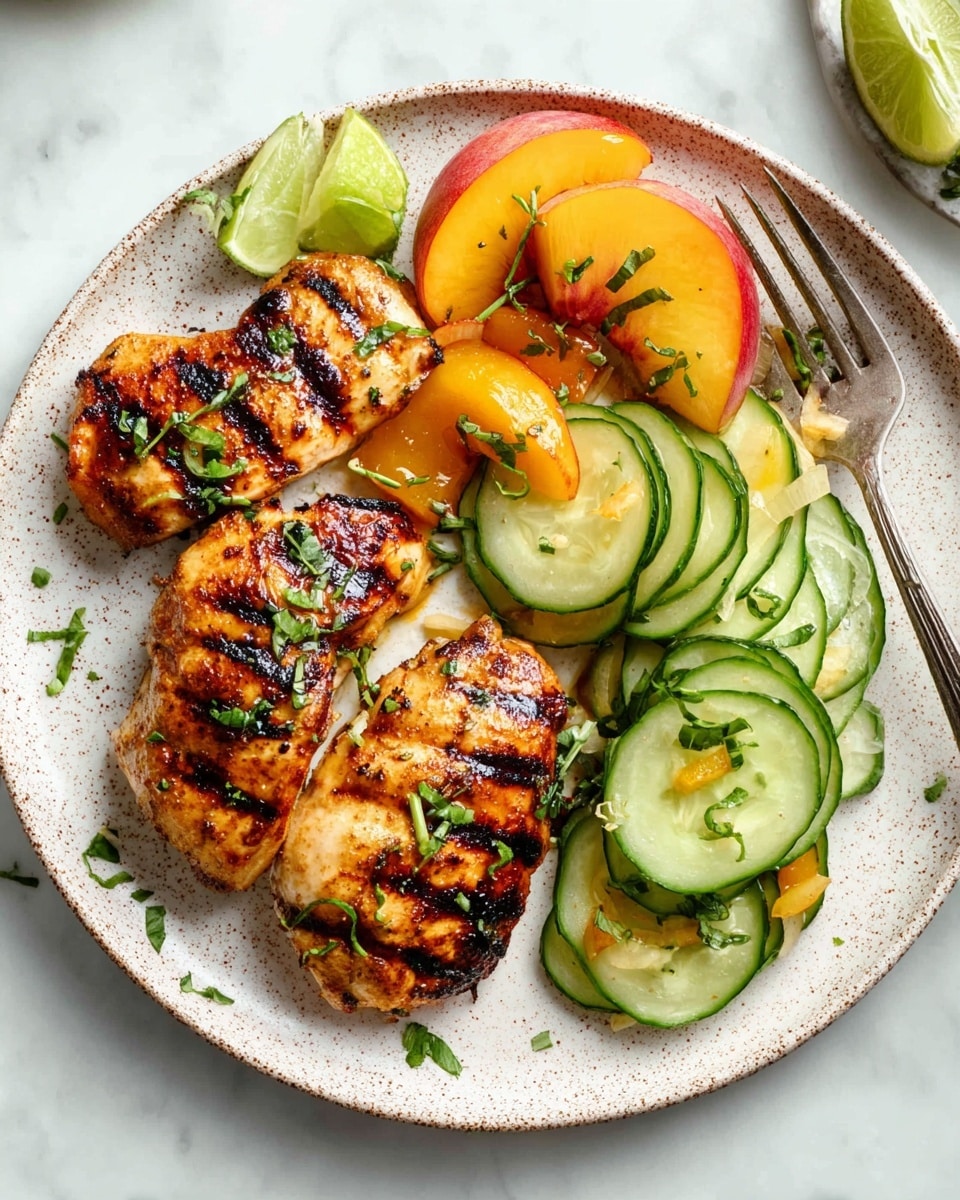 A white plate with light brown speckles sits on a white marbled surface. On the plate, there are four grilled pieces of golden-brown chicken with dark grill marks on top, sprinkled with fresh green herbs. To the right side of the chicken, arranged in a fan pattern, are round slices of cucumber with green skin and pale centers mixed with bright orange peach slices, both garnished with chopped green herbs and small white rings of onion. Two lime wedges with bright green skin and pale green centers rest partly on the chicken and salad. A silver fork is placed near the top right edge of the plate, with its handle pointing outward. photo taken with an iphone --ar 4:5 --v 7