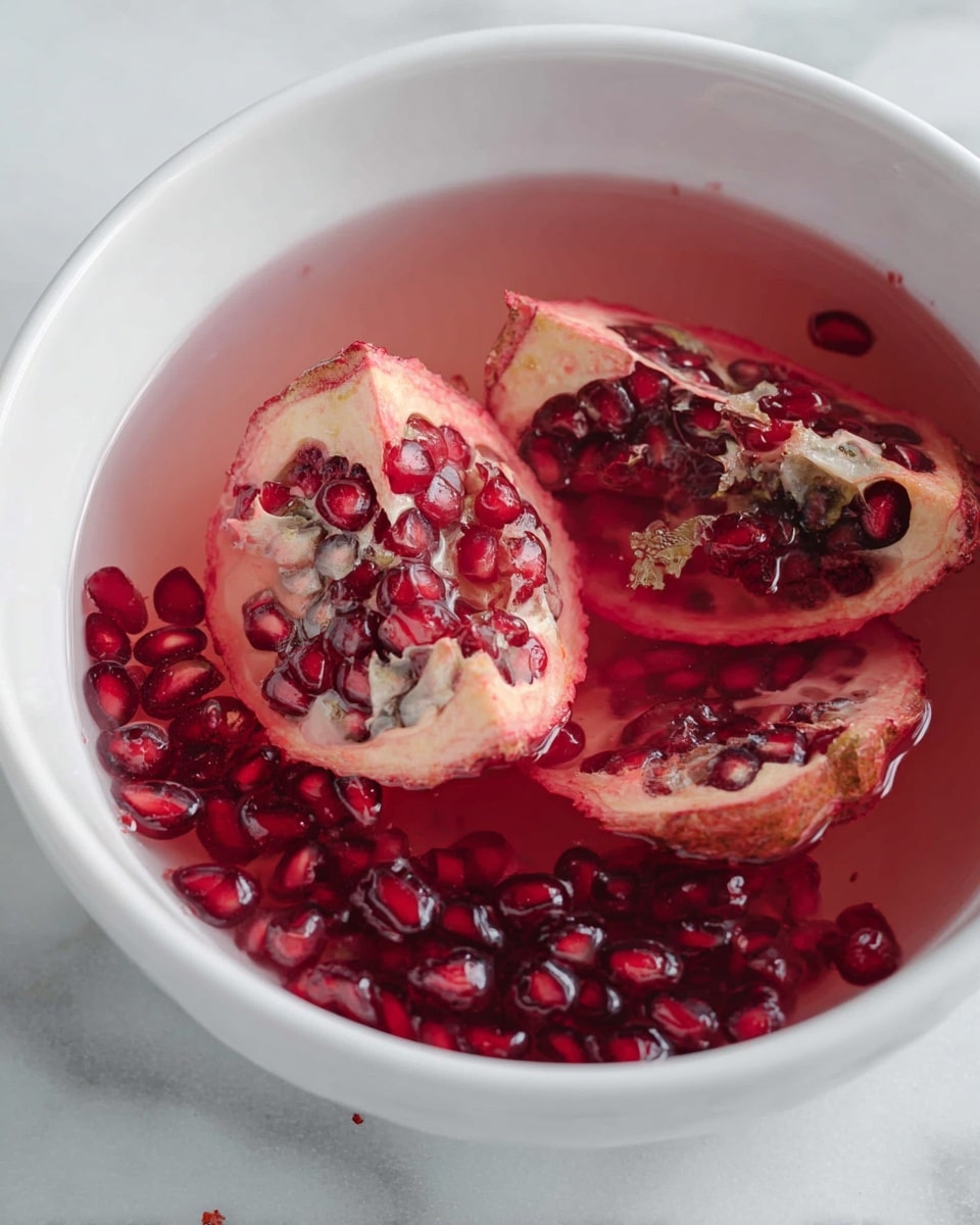 In the image, a white bowl filled with a pink liquid holds several pieces of pomegranate; four large uneven pomegranate pieces float on the surface, with their textured pale pinkish rind and clusters of dark red seeds visible. Beneath the floating pieces, many loose, glossy dark red pomegranate seeds rest at the bottom of the bowl, adding a rich contrast to the translucent pink liquid. The bowl is placed on a white marbled surface, and small bits of pomegranate pulp float around inside the liquid. The photo taken with an iphone --ar 4:5 --v 7