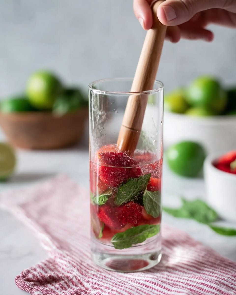 A clear tall glass contains bright red sliced strawberries and fresh green mint leaves at the bottom layer. A wooden muddler is pressed down into the glass, held by a woman's hand from the top right corner of the image. The background has blurred white bowls with more strawberries and green limes. The glass is placed on a cloth with pink and white stripes on a white marbled surface. The scene looks bright and fresh, photo taken with an iphone --ar 4:5 --v 7