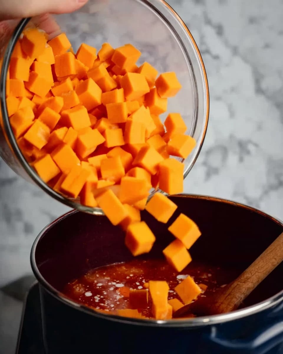 The image shows many small orange cubes being poured from a glass bowl into a pot with a reddish liquid inside. The cubes are bright and smooth, filling the pot. A woman's hand holds the glass bowl tilting it to pour the cubes out. The pot is dark and shiny, and a wooden spoon is partially visible inside the pot. The background has a white marbled texture. photo taken with an iphone --ar 4:5 --v 7