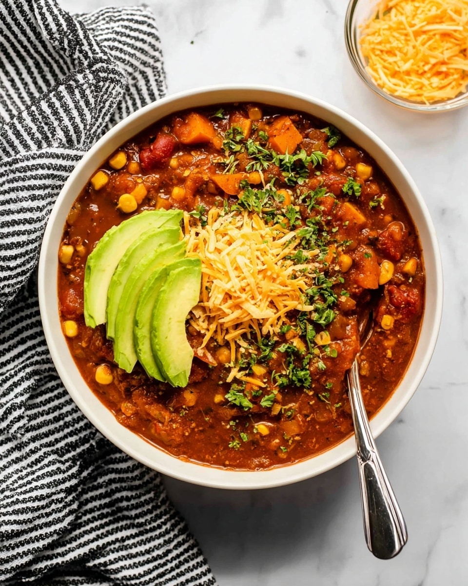 A white bowl filled with a thick, rich reddish-brown stew with visible chunks of orange sweet potato and yellow corn throughout. On top, there are three neat slices of bright green avocado fanned out on one side, with a generous mound of shredded light orange cheese sprinkled in the center. Fresh, chopped green herbs are scattered over the stew for a touch of color. A shiny silver spoon rests inside the bowl on the right side. Around the bowl, there is a white marbled surface with a striped black and white cloth on the right and a small glass bowl of more shredded orange cheese above. Photo taken with an iphone --ar 4:5 --v 7