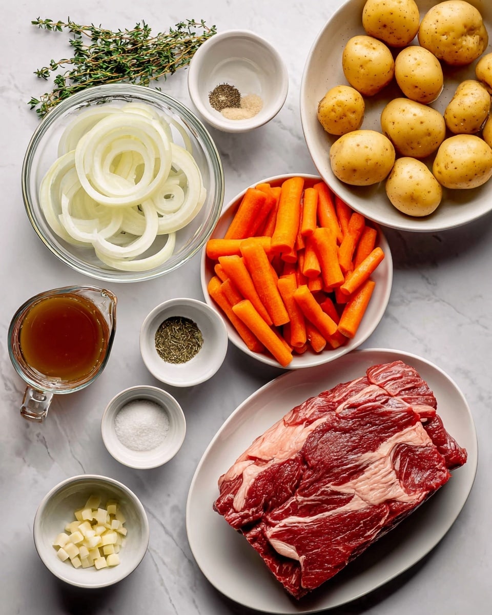 The image shows raw ingredients arranged on a white marbled surface: a white bowl filled with small whole yellow potatoes at the top right, a white plate at the bottom right holding a large piece of red, marbled raw steak with white fat streaks, a white bowl filled with bright orange carrot sticks in the center, and a clear glass bowl with layers of white onion rings toward the top left. Around these main items are small white bowls with minced garlic, white salt, black pepper, and green dried herbs, plus a small clear glass measuring cup filled with brown liquid. A few sprigs of fresh green thyme lie near the top left. The setup is clean, bright, and organized, showing each ingredient clearly photo taken with an iphone --ar 4:5 --v 7