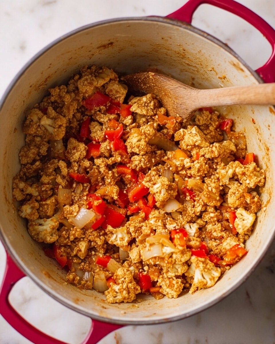 Inside a white pot with red handles, there is a mix of cooked tofu crumbles and small cauliflower pieces. The tofu and cauliflower are coated with a light brown sauce or spices. Mixed in are small pieces of cooked onions that are translucent and chunks of bright red bell peppers. A wooden spoon with a smooth texture is resting inside the pot, partially stirring the mixture. The pot sits on a white marbled surface. photo taken with an iphone --ar 4:5 --v 7