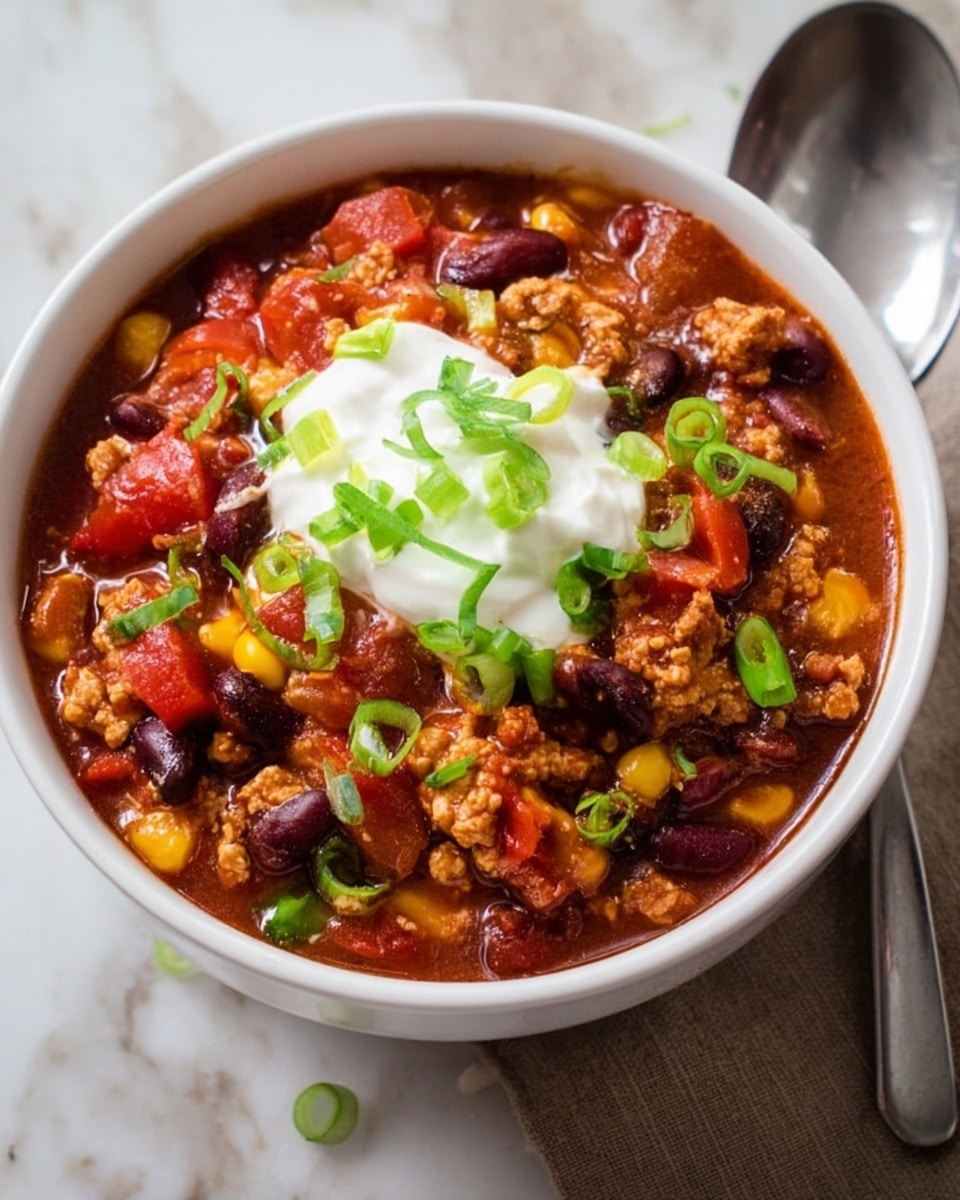 A white bowl filled with a thick layer of chili made up of red and black beans, chunks of red tomatoes, yellow corn kernels, and pieces of cooked ground turkey, all mixed in a rich red sauce. On top of the chili is a dollop of white sour cream, with bright green sliced scallions scattered over the sour cream and chili. The bowl is placed on a white marbled surface with a silver spoon to the right side of the bowl. photo taken with an iphone --ar 4:5 --v 7