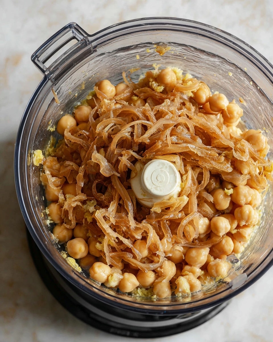 Inside a clear food processor bowl, a mix of light beige chickpeas forms the base layer, topped with thin, tangled strands of light brown caramelized onions scattered unevenly over the chickpeas. Some bits of finely grated pale yellow ginger or garlic pieces peek through the layers. The clear lid of the food processor frames the ingredients with a glossy shine. The whole setup is placed on a white marbled surface with soft natural light illuminating the textures and colors. photo taken with an iphone --ar 4:5 --v 7