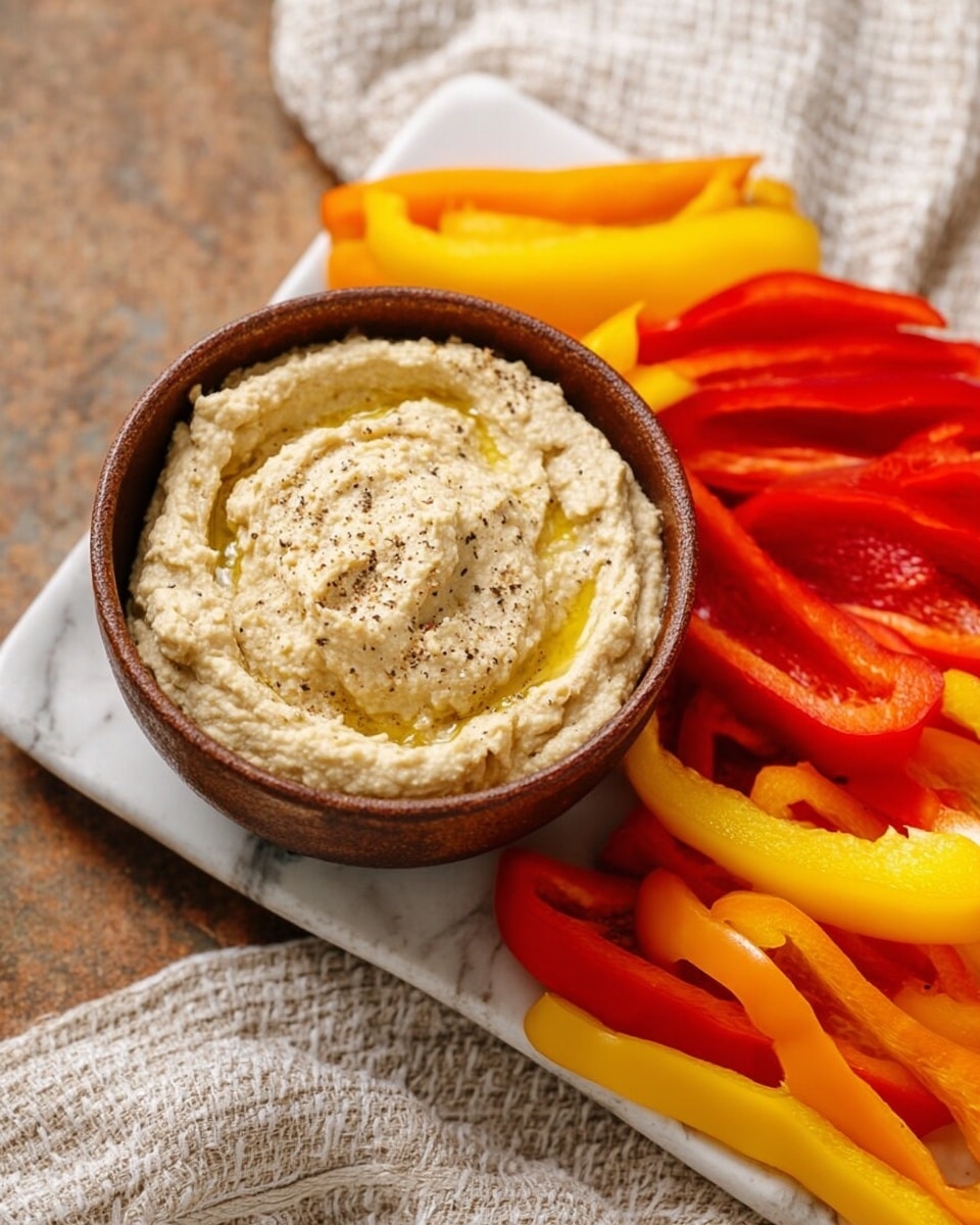 A brown bowl filled with pale beige hummus garnished with a drizzle of olive oil and a sprinkle of black pepper sits on a rectangular white plate. Surrounding the bowl are thick slices of red, yellow, and orange bell peppers, showing their smooth and shiny texture, arranged in layers around the bowl. The plate is placed on a white marbled surface with a textured cloth partially visible at the bottom. photo taken with an iphone --ar 4:5 --v 7
