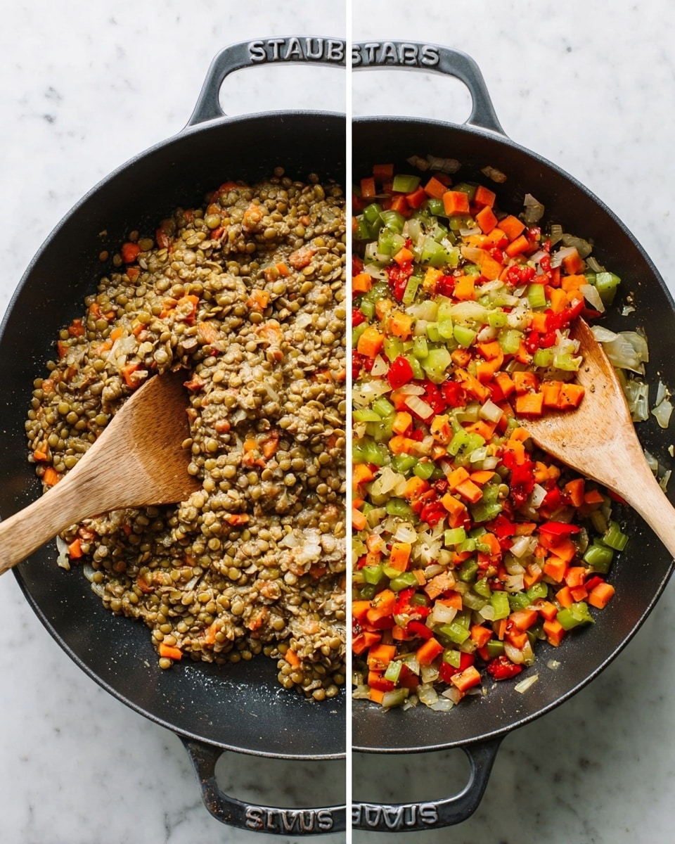 The image shows two black pans side by side on a white marbled surface. The left pan holds a thick, chunky mixture of cooked lentils in light brown and beige tones, stirred with a wooden spoon resting inside. The right pan contains a colorful mix of diced vegetables including green celery, orange carrots, red bell peppers, and translucent sautéed onions, all cooked and mixed together with visible seasoning, also stirred by a wooden spoon. Both pans have handles with the word
