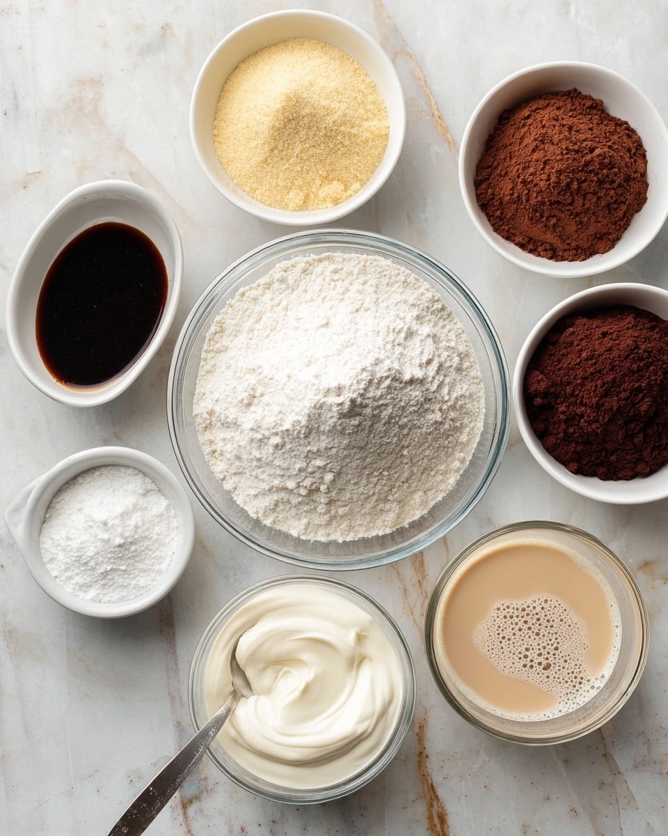 The image shows eight bowls and one glass filled with different baking ingredients arranged on a white marbled surface. The center has a large clear glass bowl filled with white flour forming a small mound. Surrounding it are seven white bowls: top left contains pale yellow powder, to its right is brown sugar with a crumbly texture, next to it a bowl of dark brown cocoa powder. Bottom left has dark liquid in a white bowl, next to it is a white granular ingredient resembling sugar, below is thick white cream with a spoon resting in it, and bottom right is a clear glass with a light beige liquid showing bubbles on top. The arrangement is neat and seen from above, photo taken with an iphone --ar 4:5 --v 7