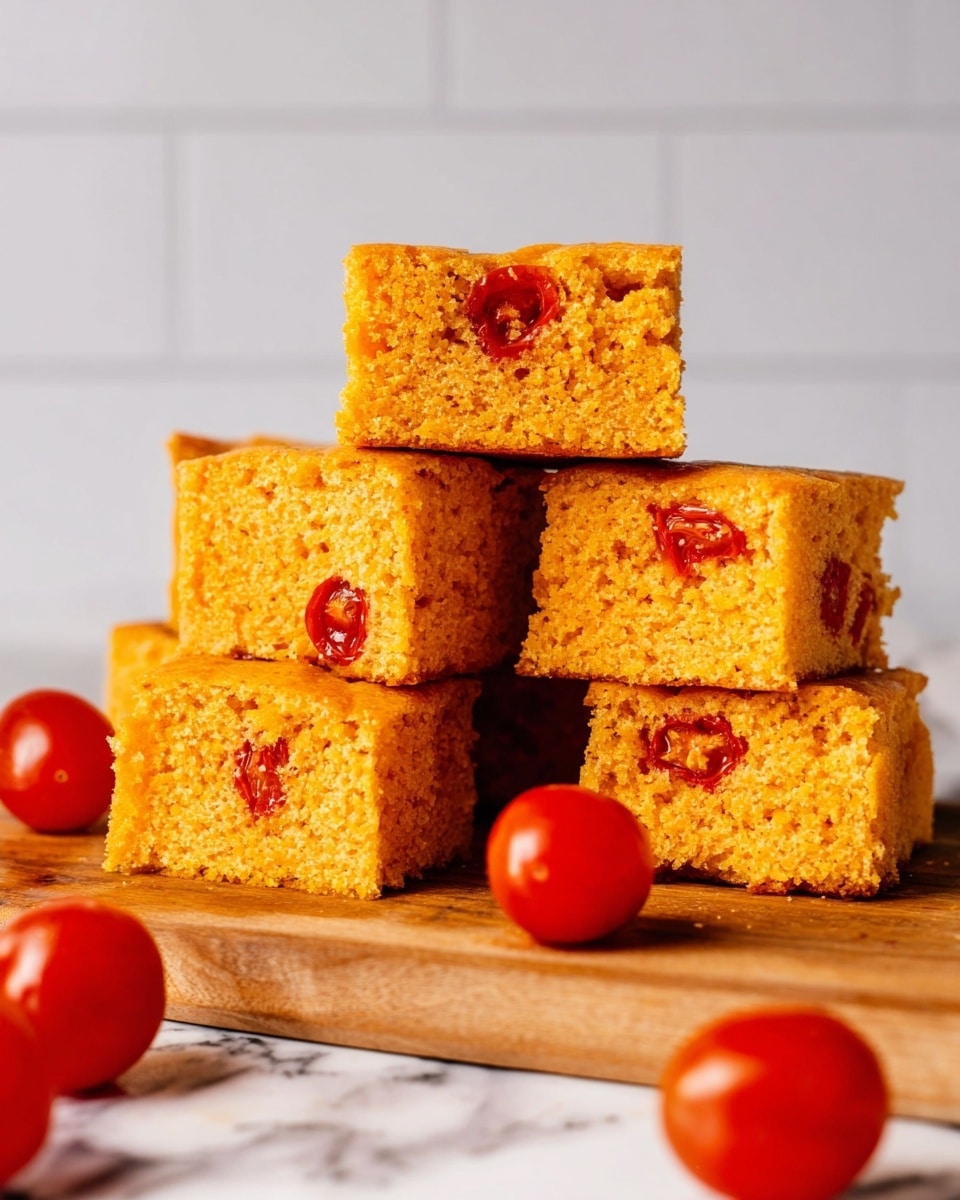 A stack of six thick, square pieces of orange cornbread with a soft and crumbly texture sits on a wooden board. The cornbread pieces contain visible red cherry tomato halves embedded near the edges, adding pops of color and a juicy look. The top piece is balanced on two cornbread pieces below it, with the others arranged in a neat pile. Bright red whole cherry tomatoes are scattered in the foreground on a white marbled surface, and the background is simple and white with a tiled pattern. photo taken with an iphone --ar 4:5 --v 7
