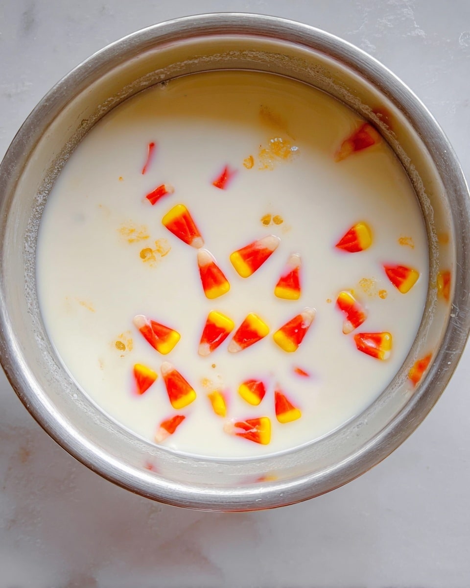 The image shows a metal bowl filled with a smooth, creamy white liquid, floating with a scattered layer of small candy corn pieces. The candy corn pieces are triangular, with bright bands of yellow at the bottom, orange in the middle, and white tips, adding a pop of color against the creamy liquid. The bowl sits on a white marbled surface. photo taken with an iphone --ar 4:5 --v 7