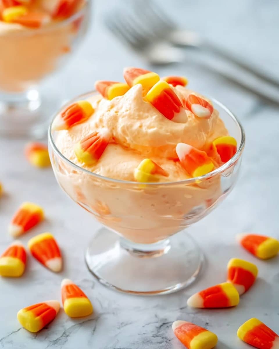A clear glass bowl filled with three layers of creamy, light orange mousse-like dessert with a soft and smooth texture. The top layer is decorated with scattered candy corn pieces, their yellow, orange, and white colors contrasting with the dessert. Candy corns are also placed around the bowl on a white marbled surface. The background is softly blurred, and a silver fork lies behind the bowl. Photo taken with an iphone --ar 4:5 --v 7