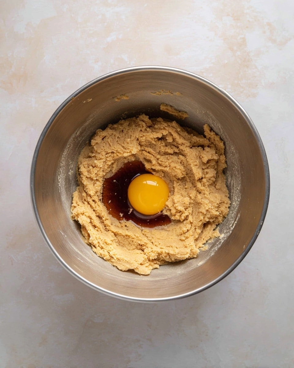 In a silver mixing bowl on a white marbled surface, there is a light brown thick dough spread along the bottom and sides, with a single raw egg yolk resting in the center surrounded by a small pool of dark brown liquid, both sitting atop the dough. The dough has a slightly grainy texture and is unevenly spread inside the bowl. photo taken with an iphone --ar 4:5 --v 7