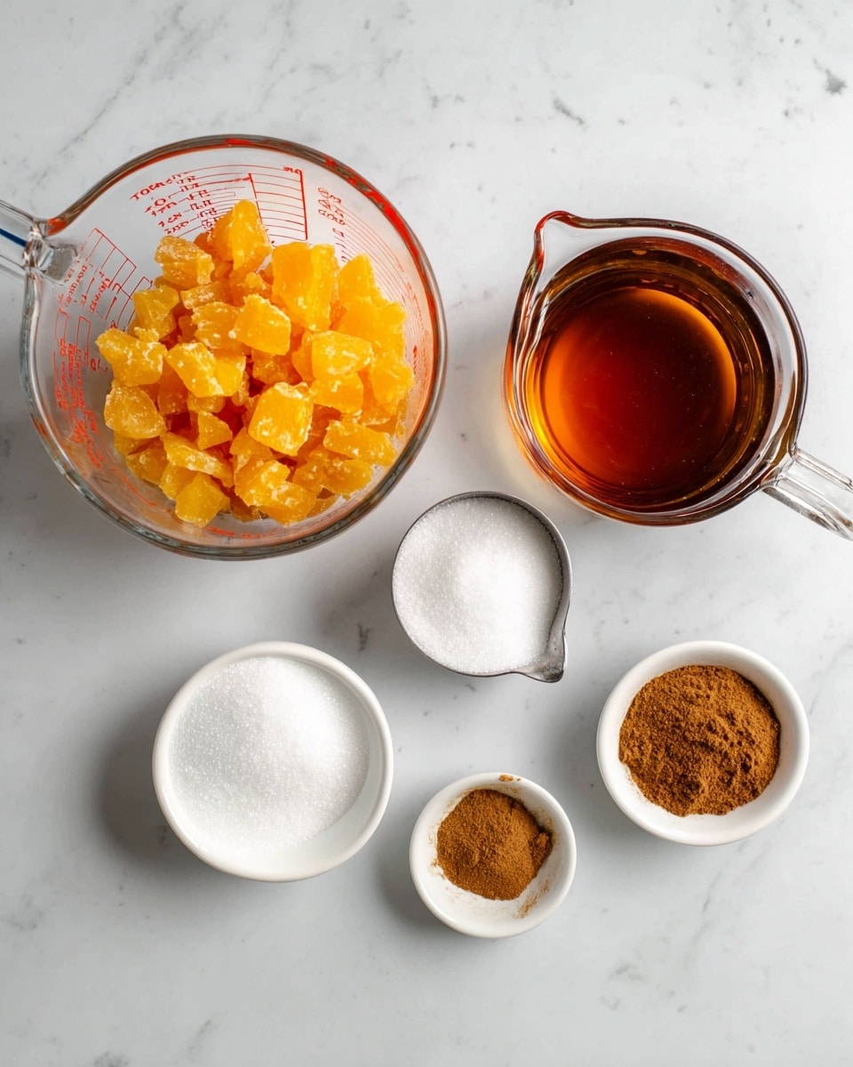 The image shows five containers with ingredients on a white marbled surface. On the left, there is a glass measuring cup filled with small pieces of orange-yellow fruit. To its right, there is another glass measuring cup filled with a brown amber liquid. Next is a metal measuring cup filled with white granulated sugar. Below, there are two small white bowls: one with a white powder and the other with a brown powder spice. The scene is clean and simple with a focus on the colors and textures of the ingredients. photo taken with an iphone --ar 4:5 --v 7