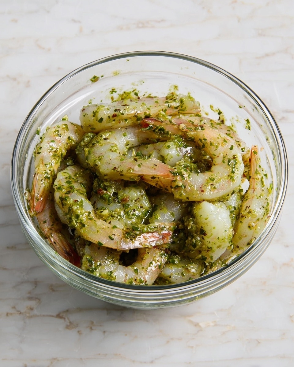 A clear glass bowl sits on a white marbled surface, filled with raw shrimp coated evenly in a green herb sauce with visible small bits of herbs and spices, giving the shrimp a slight shine and textured appearance; the shrimp are arranged in layers within the bowl, with some tails showing pinkish hues while the bodies are translucent and covered with the green sauce. Photo taken with an iphone --ar 4:5 --v 7