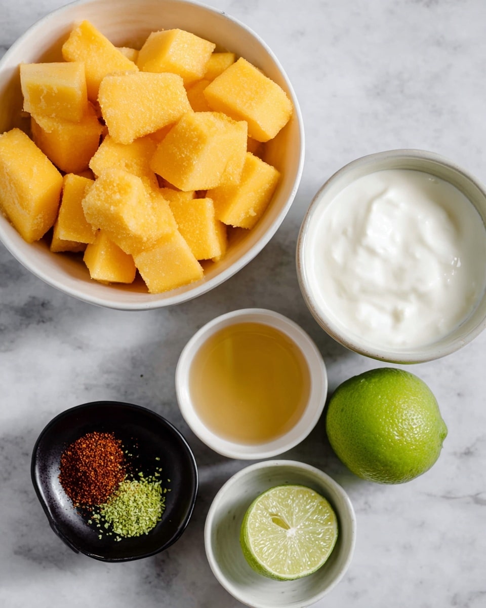 The image shows frozen yellow-orange mango cubes in a white bowl as the top layer, surrounded by three smaller white bowls and one black bowl arranged on a white marbled surface. The white bowl on the right holds thick white coconut cream with a smooth texture. Below it is a smaller white bowl filled with golden syrup, clear and shiny. Another small white bowl contains half of a bright green lime with a juicy texture, placed on the surface near the syrup. The small black bowl to the left contains green lime zest and reddish-brown chili powder side by side, adding color contrast. photo taken with an iphone --ar 4:5 --v 7