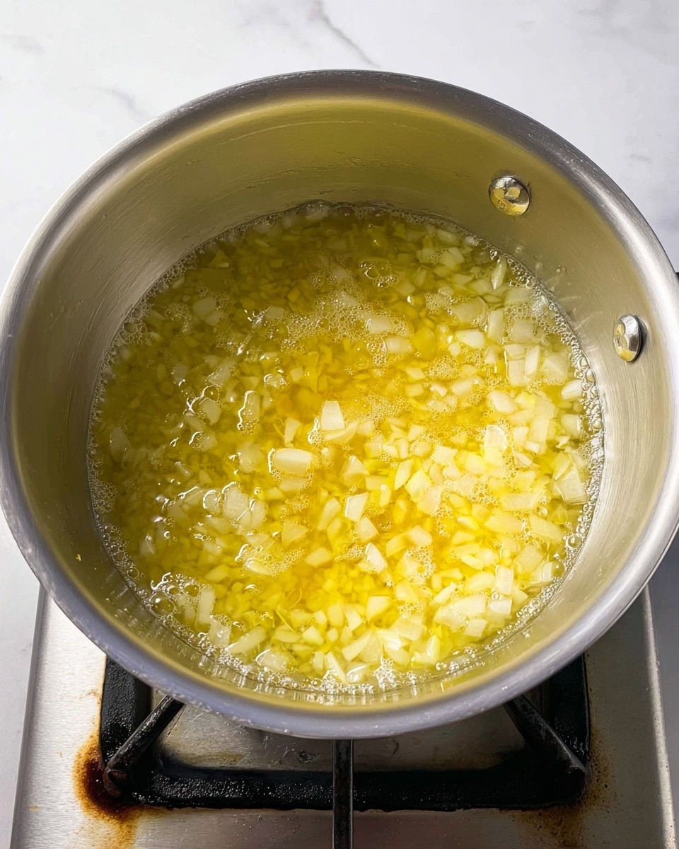 A close-up view of a shiny silver pot on a stove with a bubbling light yellow mixture inside. The mixture has small pieces of translucent diced onions suspended in melted butter or oil, with some larger bits of light yellow solid in the middle. The pot is round and metallic, with smooth inner walls and two rivets on the side. The stove burner beneath is black with some brown stains visible. The background is a clean white marbled surface. Photo taken with an iphone --ar 4:5 --v 7