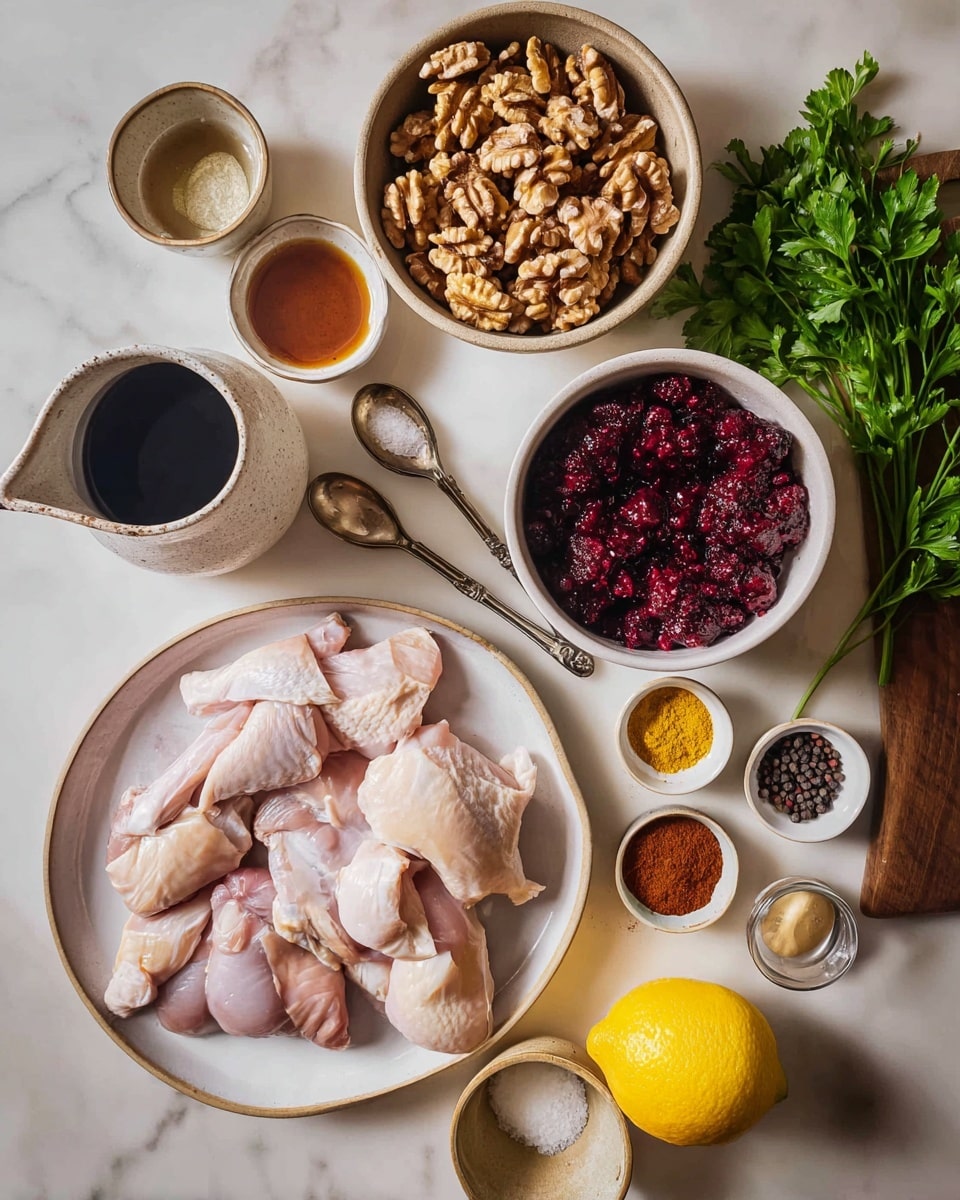 A flat lay shows raw chicken parts arranged in a single bottom layer on a white plate, with pale pink and white tones and soft texture. To the right, a white bowl is filled with dark red frozen berries forming a thick top layer of uneven shapes. Above the chicken plate, a beige bowl holds a pile of light brown walnut halves in a dense middle layer with rough texture. A white ceramic jug filled with dark liquid sits near the walnuts. Scattered around are small bowls and measuring spoons containing various spices and ingredients like golden yellow, brown, and red powders strained into thin layers, black peppercorns in loose round form, coarse white salt layering the top of a bowl, a few garlic cloves, and some deep amber and dark sauces that fill the cups smoothly. A lemon half with bright yellow skin and lighter yellow juicy inside rests in the lower right, while fresh green leafy parsley covers the top right corner, all placed on a white marbled surface. photo taken with an iphone --ar 4:5 --v 7