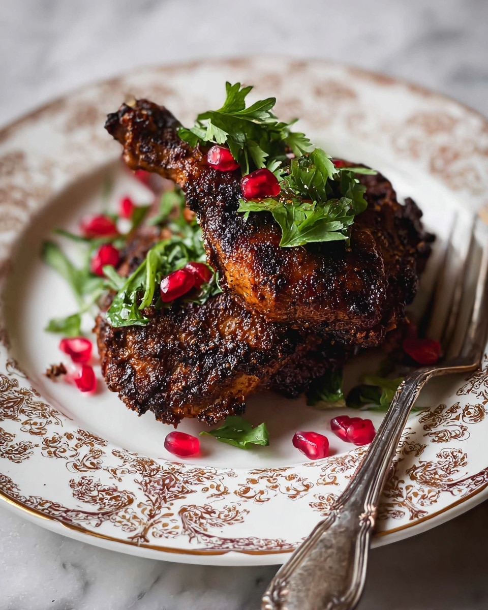 Two dark brown grilled chicken pieces stacked on a white plate with gold and brown floral patterns around the edge. The chicken has a slightly crispy texture with visible seasoning. Scattered on top and around the chicken are bright green parsley leaves and a few shiny red pomegranate seeds. To the right side of the plate, an old metal fork rests on the surface. The plate sits on a white marbled textured surface. photo taken with an iphone --ar 4:5 --v 7