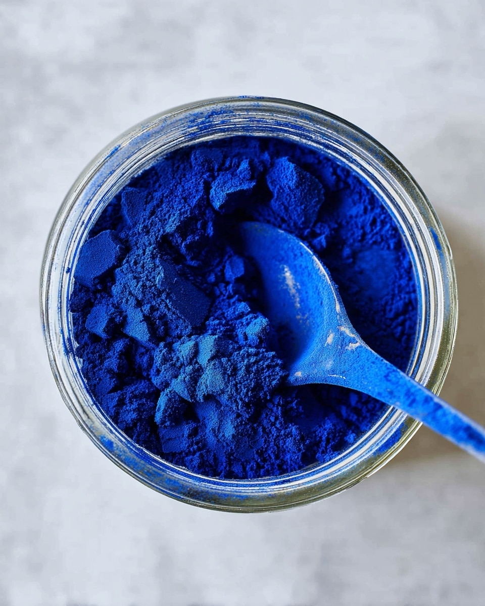 A close-up view of a clear glass jar filled with deep blue powder, showing a blue spoon resting inside the powder. The powder has a soft, fine texture with small mounds and dips. The jar sits on a white marbled surface, and the rim of the jar shows traces of blue powder. The photo is taken from above, focusing on the vibrant blue color and the texture inside the jar photo taken with an iphone --ar 4:5 --v 7