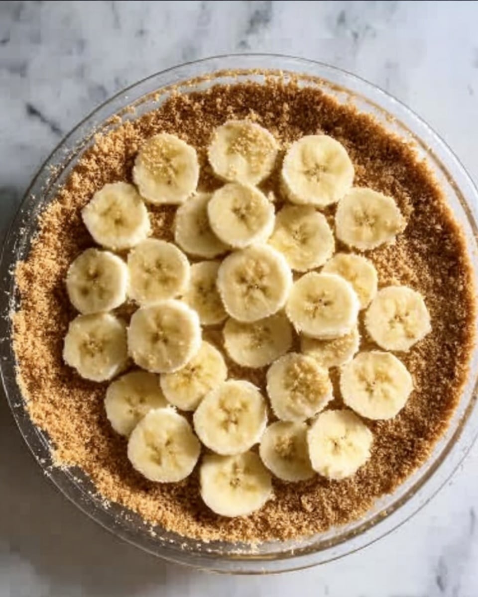The image shows a clear glass bowl with a thick, crumbly light brown crust forming the outer layer. Inside the crust, there is a single layer of evenly sliced banana pieces arranged neatly in a circular pattern, covering the bottom completely. The background has a white marbled texture. photo taken with an iphone --ar 4:5 --v 7