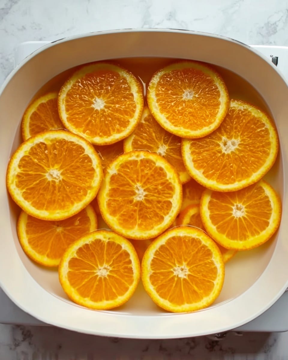A white pan filled with clear water has about ten round orange slices floating on the surface. The slices are arranged in a loose layer, overlapping slightly. The vibrant orange color of the fruit contrasts with the pale liquid and white pan, with each slice showing a textured peel and translucent segments. The pan sits on a white marbled surface, and the overall look is fresh and bright. photo taken with an iphone --ar 4:5 --v 7