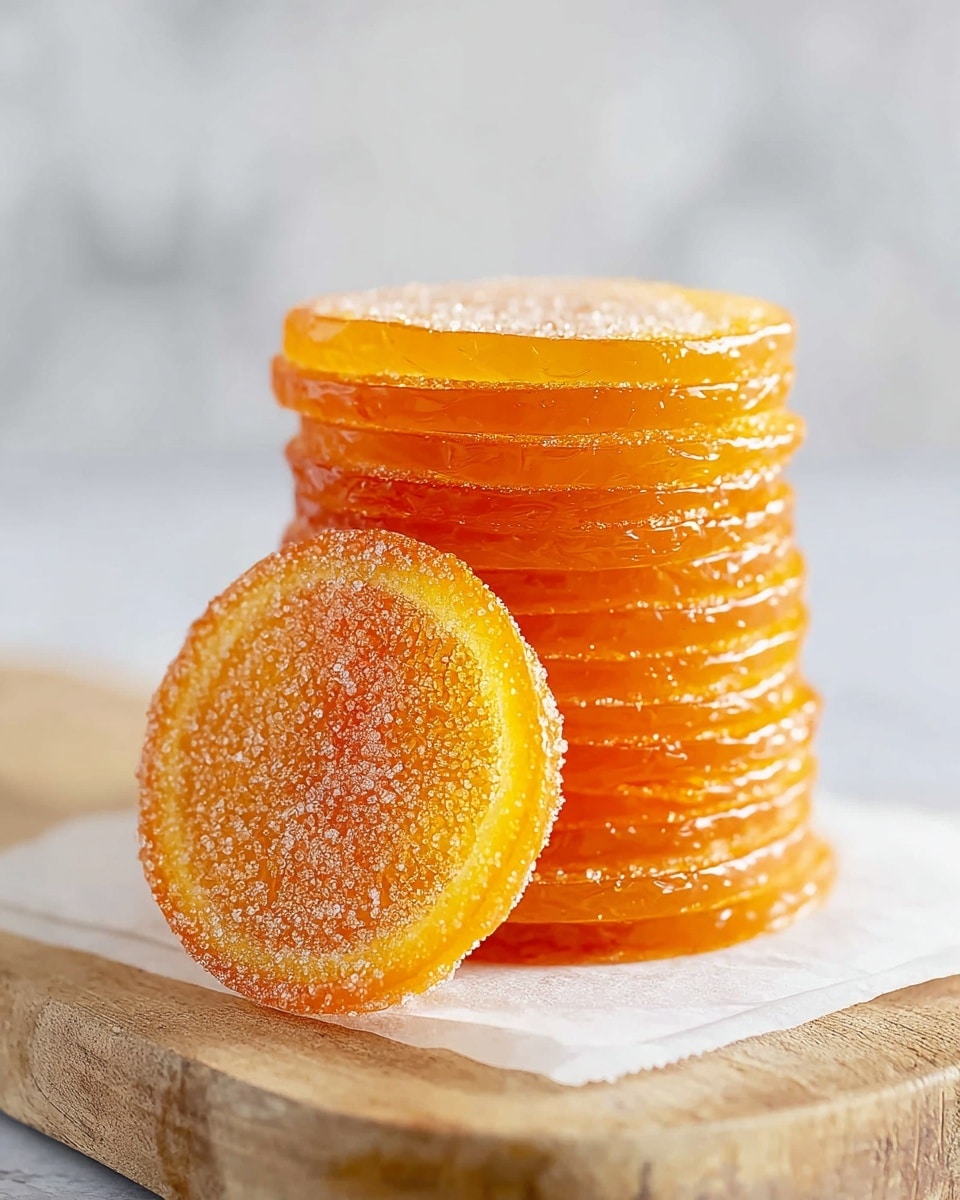 The image shows a tall stack of about ten shiny orange slices, each thin and translucent, stacked neatly on top of each other on a piece of white parchment paper, which rests on a wooden board. In front of the stack, a single sugar-coated orange slice leans against it, its granulated sugar crystals visible and sparkling, giving a rough texture. The background is a soft white marbled texture, making the bright orange color stand out. Photo taken with an iphone --ar 4:5 --v 7