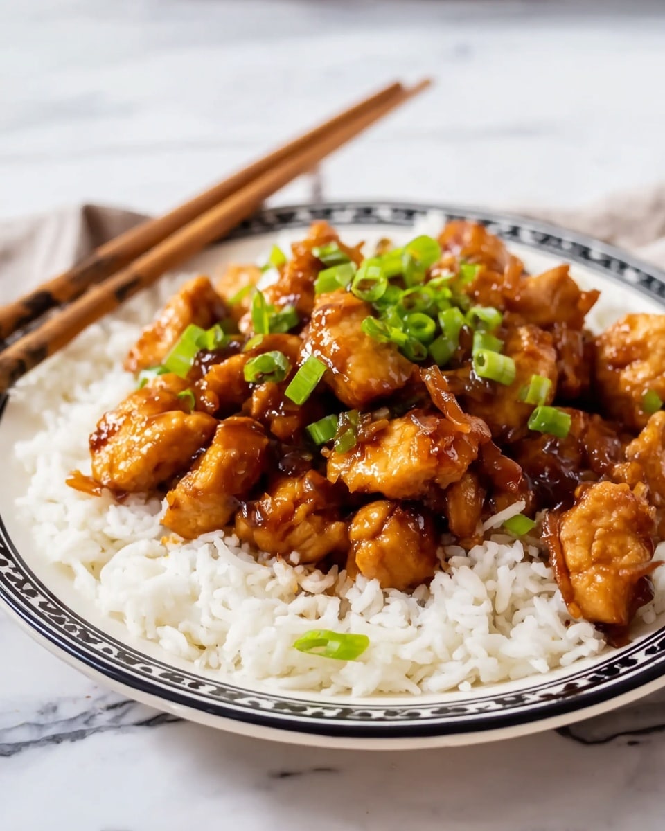 A white plate with a black decorative rim filled with a bed of white rice as the bottom layer, topped with bite-sized pieces of golden brown chicken coated in a shiny, thick brown sauce as the second layer, and garnished with bright green chopped scallions on top. The plate rests on a white marbled surface with a pair of wooden chopsticks placed behind it. Photo taken with an iphone --ar 4:5 --v 7