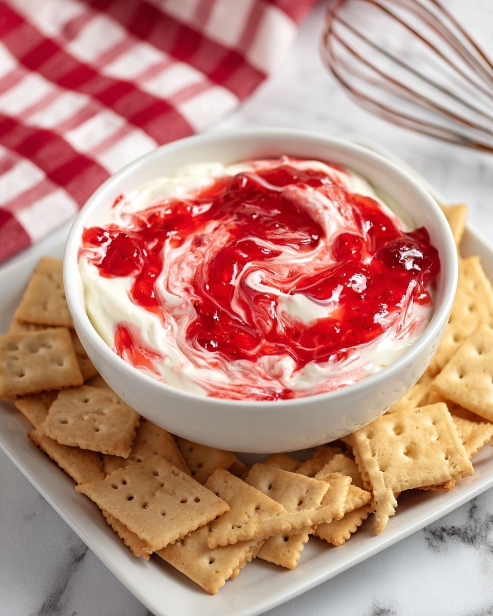 A white bowl is filled with two layers: the bottom layer is thick white cream with a smooth texture, and the top layer is a bright red strawberry jelly swirled gently into the cream, creating a mix of red and white colors with a glossy shine. The bowl sits on a white rectangular plate, which holds several light brown rectangular crackers with small holes, arranged around the bowl. In the background, a red and white checkered cloth and a metal whisk add a cozy kitchen feel. The whole scene is set on a white marbled surface. Photo taken with an iphone --ar 4:5 --v 7