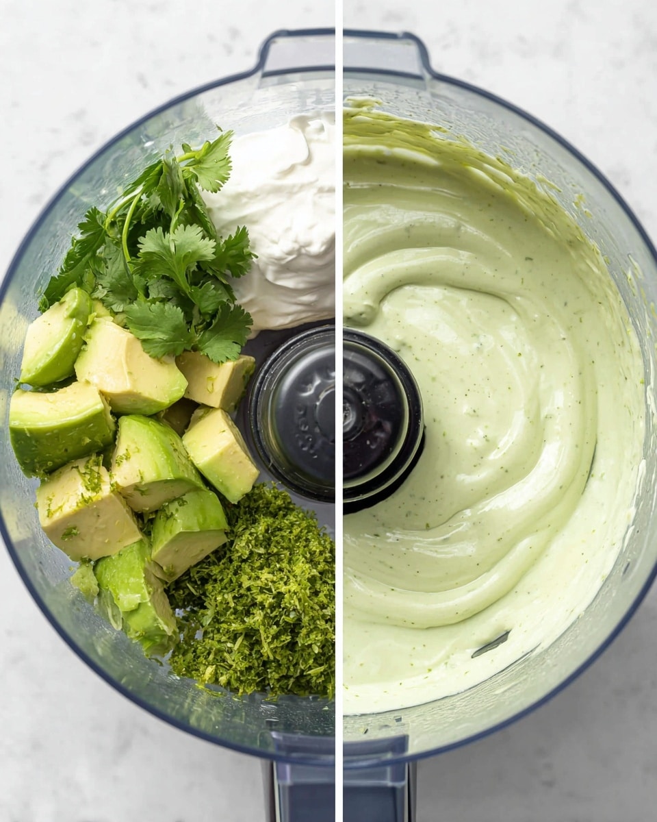 The image shows two side-by-side views inside a clear food processor bowl with a black center blade part. On the left side, there are fresh ingredients: bright green avocado chunks with a smooth texture at the bottom, fresh cilantro leaves on top, white creamy yogurt or sour cream on the left, and small bits of grated lime zest scattered around. On the right side, the ingredients have been blended into a smooth, pale green sauce with some visible tiny green flecks, creating a creamy texture with gentle folds on the surface. Both bowls are set on a white marbled surface. Photo taken with an iphone --ar 4:5 --v 7