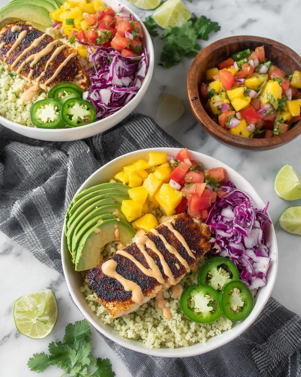 Two white bowls filled with a layered meal sit on a white marbled surface with a grey plaid cloth underneath. Each bowl has a layer of light green cauliflower rice at the bottom, topped with a dark, charred piece of fish drizzled with a light orange sauce. On one side of the fish, there are green avocado slices fanned out, and next to them, slices of green jalapeño and shredded purple and white cabbage. On the other side, there are red onion rings and a colorful mix of diced yellow mango, red tomato, green celery, and cilantro, with a lime wedge on the edge of the bowl. To the right, there is a small wooden bowl filled with the same fruit and vegetable mix, with extra lime halves and scattered cilantro leaves nearby. The scene is bright, fresh, and colorful, photo taken with an iphone --ar 4:5 --v 7