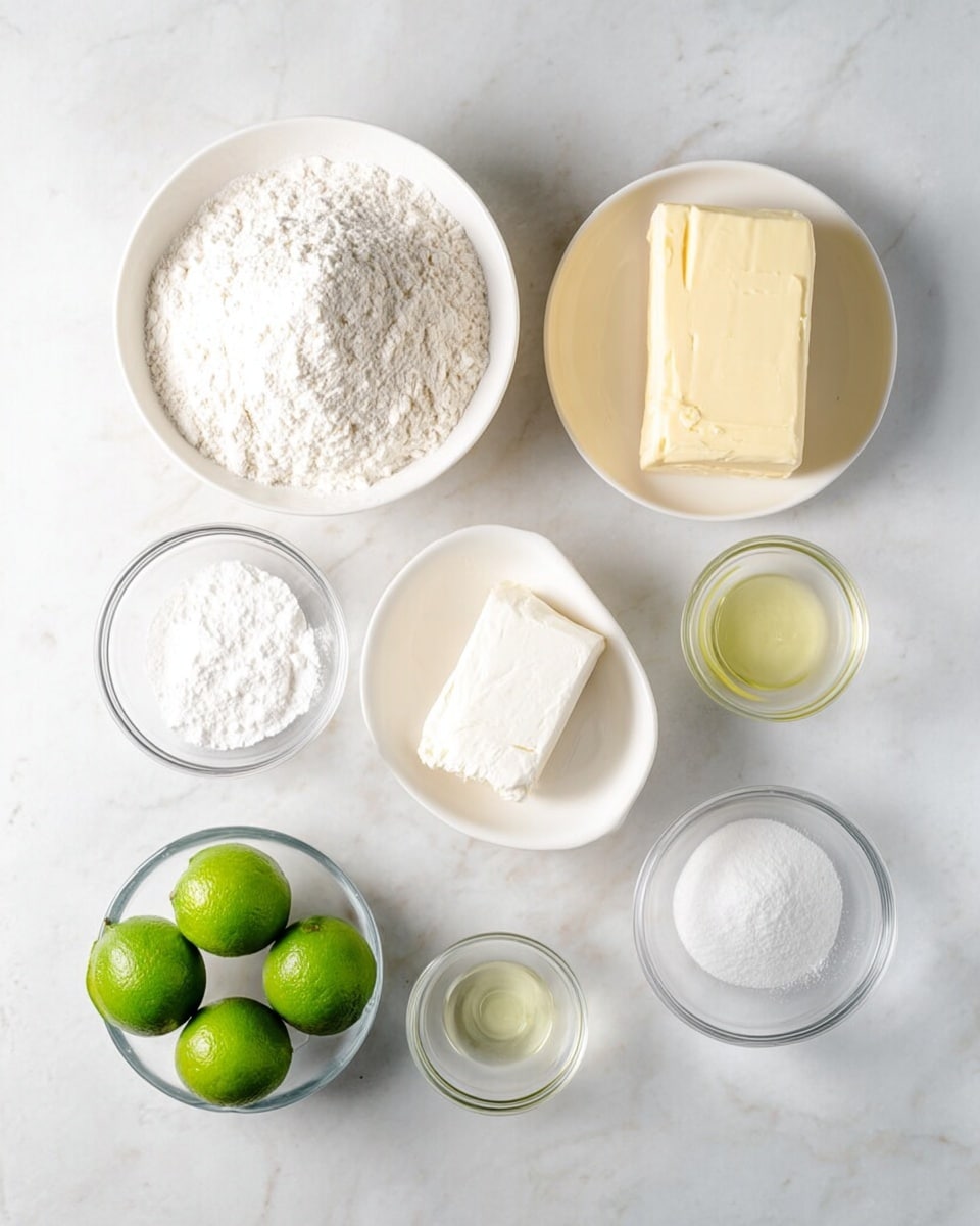 The image shows seven ingredients arranged neatly on a white marbled surface. In the top left, there is a white bowl filled with white flour. To the right of it, a white bowl contains a rectangular block of creamy yellow butter. Below these, at the center, a white bowl holds a dense white cream cheese block. Around these bowls, three small clear glass bowls contain a white powder (likely baking powder or cornstarch), a small amount of white powder (salt), and a pale yellow liquid. On the bottom right are three small bright green limes grouped together. The scene is bright and clean, with soft natural light. Photo taken with an iphone --ar 4:5 --v 7
