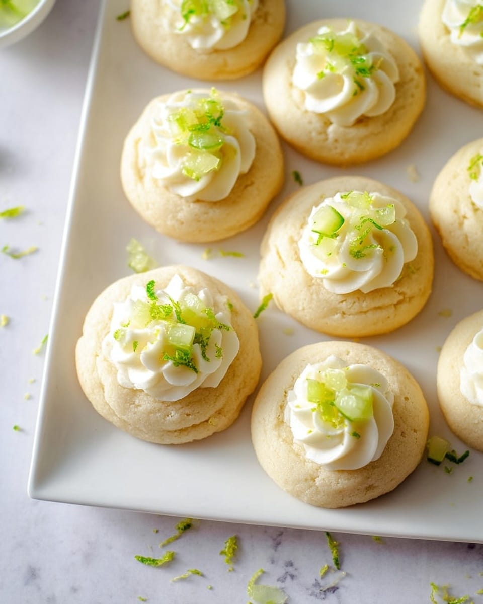 The image shows seven soft, round, light beige cookies arranged on a white square plate, each topped with a swirl of white cream in the center. On top of the cream, there are small pieces of bright green lime and light green lime zest sprinkled carefully for decoration. The cookies have a smooth, slightly cracked texture. The background is a white marbled surface with some scattered bits of lime zest near the plate. The light is bright and natural, highlighting the fresh colors and soft textures photo taken with an iphone --ar 4:5 --v 7